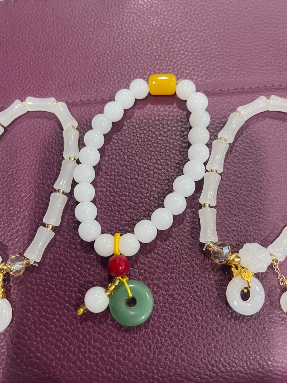 Set of White Glass Bead Bracelet with Green Jade, Gold & Yellow Accent Charms